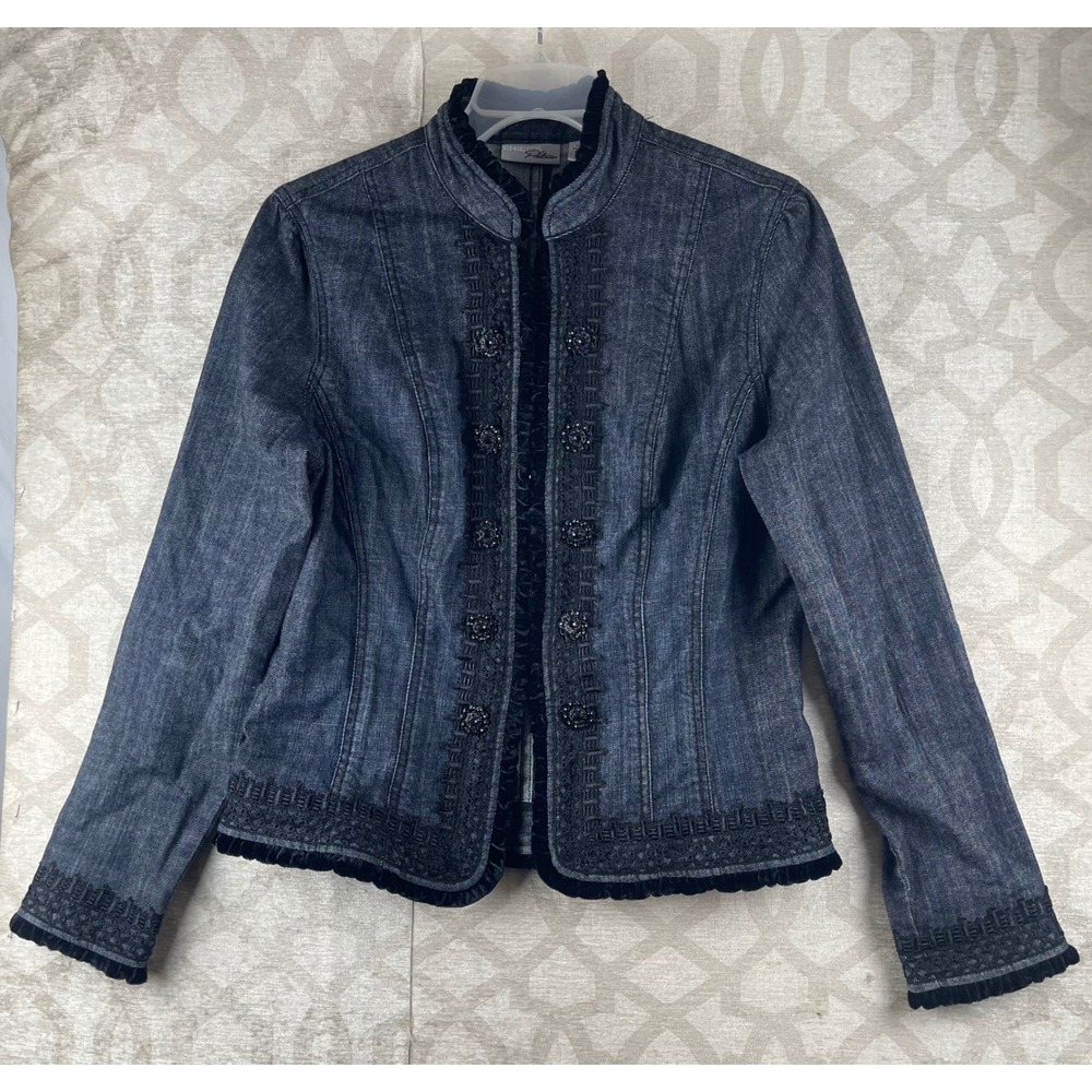Chico's Platinum Jacket Women 1 M Dark Wash Denim Velvet Lace Military Blazer